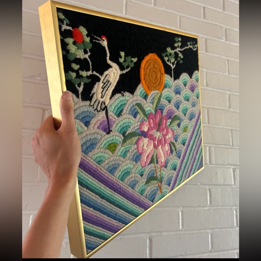 Retro vintage pop crewel Embroidered Wall Art with Crane and Floral Design - Picture 2 of 4